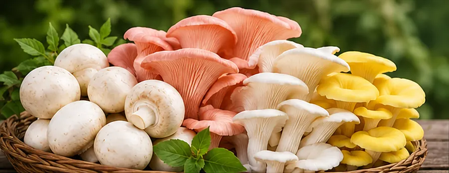 A basket of freshly harvested mushrooms